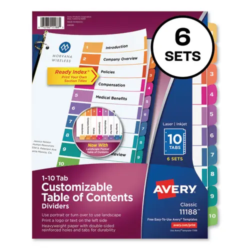 Avery® Customizable TOC Ready Index Multicolor Tab Dividers, 10-Tab, 1 to 10, White, 6 Sets