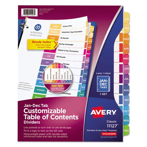 Avery® Customizable TOC Ready Index Multicolor Tab Dividers, 12-Tab, Jan. to Dec.