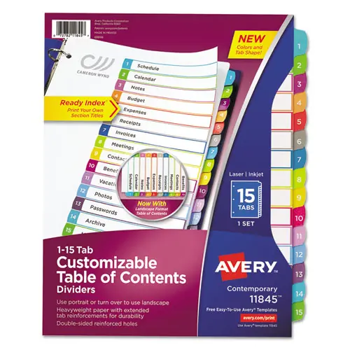 Avery® Customizable TOC Ready Index Multicolor Tab Dividers, 15-Tab, 1-15, Contemporary Colors