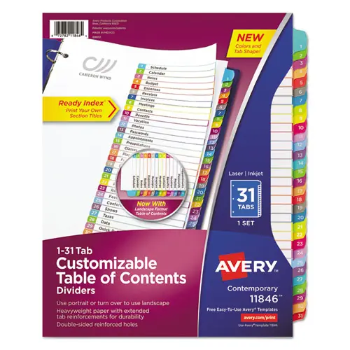 Avery® Customizable TOC Ready Index Multicolor Tab Dividers, 31-Tab, 1-31