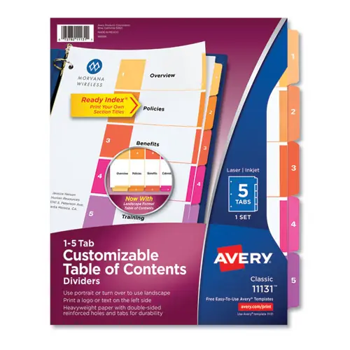 Avery® Customizable TOC Ready Index Multicolor Tab Dividers, 5-Tab, 1 to 5, 11 x 8.5, White, Traditional Color Tabs