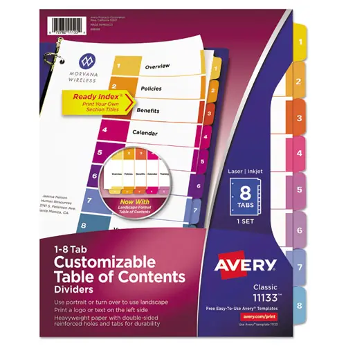Avery® Customizable TOC Ready Index Multicolor Tab Dividers, 8-Tab, 1 to 8, White, Traditional Color Tabs