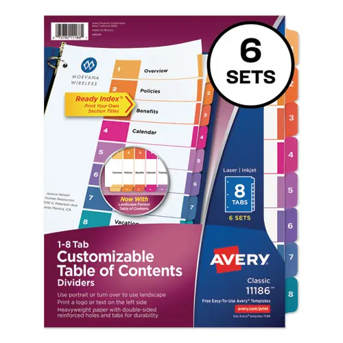 Avery® Customizable TOC Ready Index Multicolor Tab Dividers, 8-Tab, 1 to 8, Traditional Color Tabs, 6 Sets