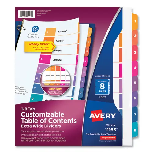 Avery® Customizable TOC Ready Index Multicolor Tab Dividers, Extra Wide Tabs, 8-Tab, 1 to 8