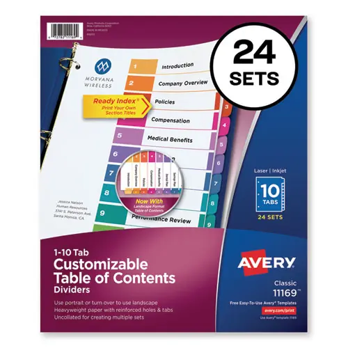 Avery® Customizable TOC Ready Index Multicolor Tab Dividers, Uncollated, 10-Tab, 1 to 10