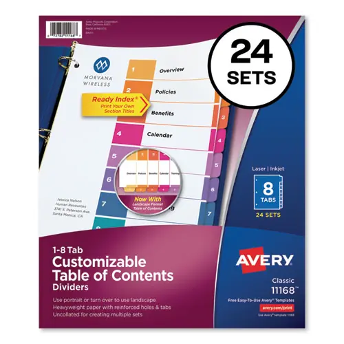 Avery® Customizable TOC Ready Index Multicolor Tab Dividers, Uncollated, 8-Tab, 1 to 8, White, 24 Sets