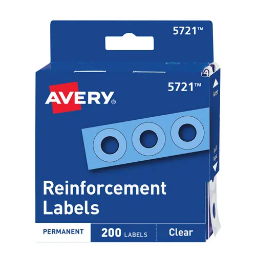 Avery® Dispenser Pack Hole Reinforcements, 0.25" Dia, Clear, 200/Pack, (5721)