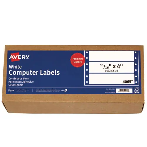 Avery® Dot Matrix Printer Mailing Labels, Pin-Fed Printers, 0.94 x 4, White, 5,000/Box