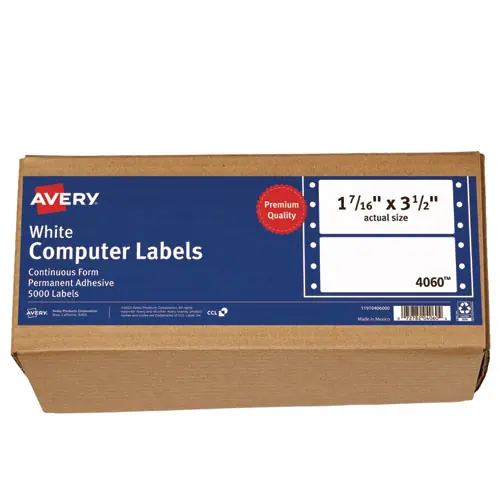 Avery® Dot Matrix Printer Mailing Labels, Pin-Fed Printers, 1.44 x 3.5, White, 5,000/Box