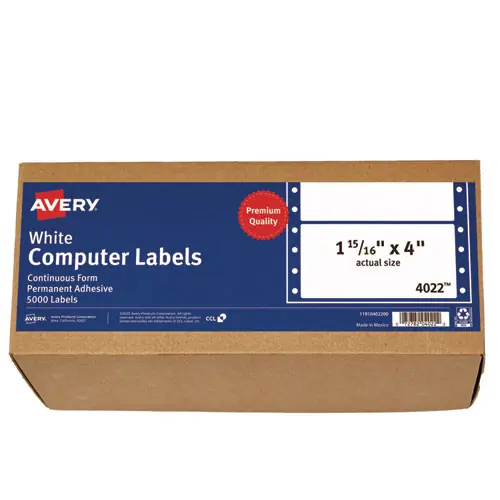 Avery® Dot Matrix Printer Mailing Labels, Pin-Fed Printers, 1.94 x 4, White, 5,000/Box