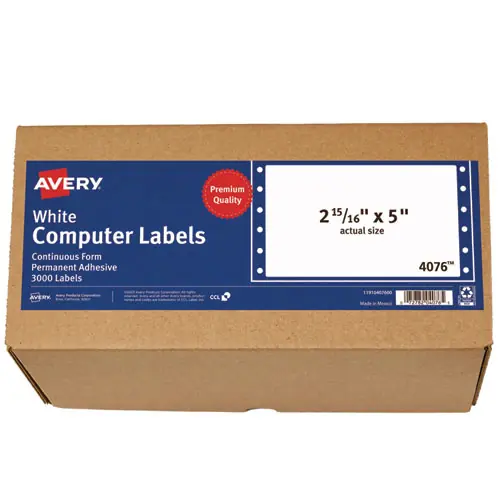 Avery® Dot Matrix Printer Mailing Labels, Pin-Fed Printers, 2.94 x 5, White, 3,000/Box