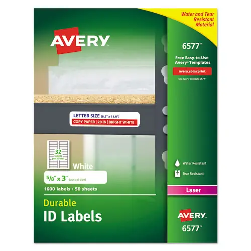 Avery® Durable Permanent ID Labels with TrueBlock Technology for Laser Printers, White, 0.63" x 3", 1600 Labels (32/Sheet, 50 Sheets)