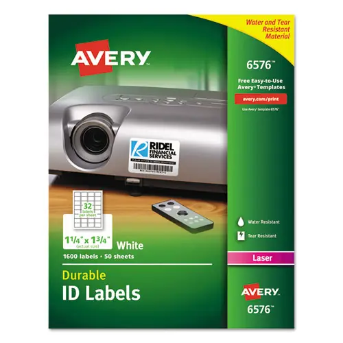 Avery® Durable Permanent ID Labels with TrueBlock® Technology, Laser Printers, White, 1.25" x 1.75", 32 Labels/Sheet, 50 Sheets/Pack
