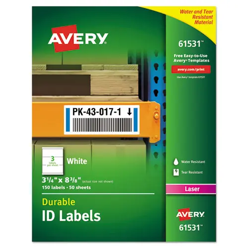 Avery® Durable Permanent ID Labels with TrueBlock Technology, Laser Printers, White, 3/Sheet, 50 Sheets/Pack