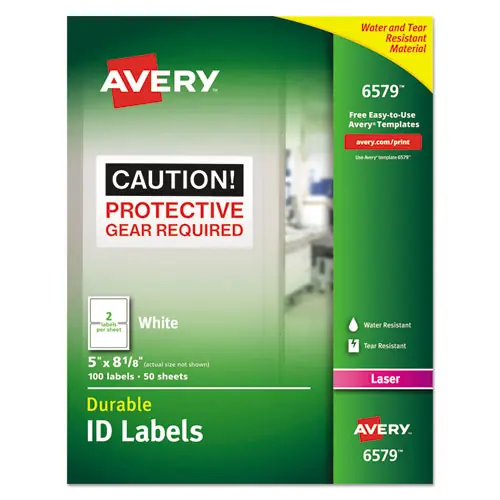 Avery® Durable Permanent ID Labels with TrueBlock Technology, Laser Printers, White, 5" x 8.13", 2 Labels/Sheet, 50 Sheets/Pack