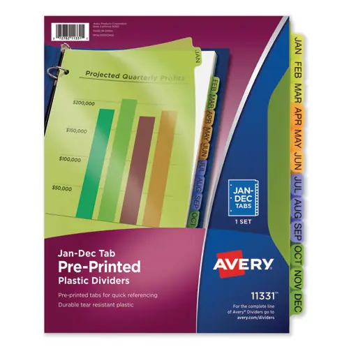 Avery® Durable Preprinted Plastic Tab Dividers, 12-Tab, Jan. to Dec., 11 x 8.5, Assorted, 1 Set