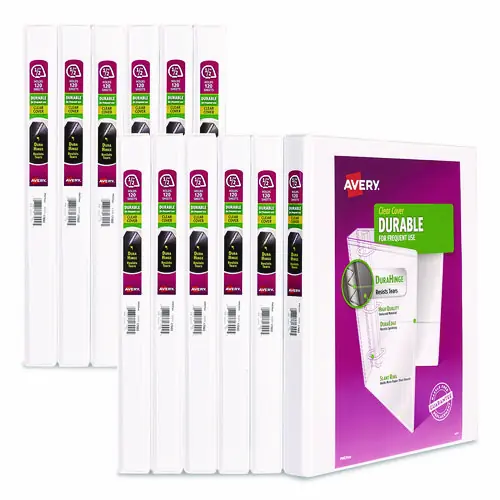 Avery® Durable View Binder with DuraHinge and Slant Rings, 3-Ring, 0.5" Capacity, White, 12/Carton