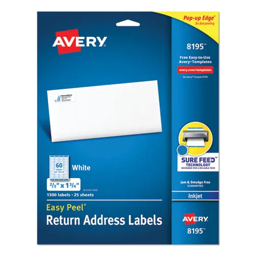 Avery® Easy Peel White Address Labels w/ Sure Feed Technology, Inkjet Printers, 0.66 x 1.75, White, 60/Sheet, 25 Sheets/Pack