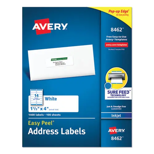 Avery® Easy Peel White Address Labels with Sure Feed Technology, 1.33" x 4", White, 14 Labels/Sheet, 100 Sheets/Box