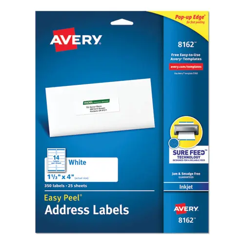 Avery® Easy Peel White Address Labels with Sure Feed Technology, 1.33" x 4", 14 Labels/Sheet, 25 Sheets/Pack