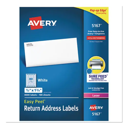 Avery® Easy Peel White Address Labels with Sure Feed Technology, 0.5 x 1.75, White, 80 Labels/Sheet, 100 Sheets/Box, for Laser Printers