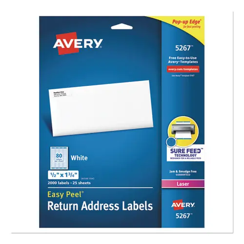 Avery® Easy Peel White Address Labels w/ Sure Feed Technology, Laser Printers, 0.5 x 1.75, White, 80/Sheet, 25 Sheets/Pack