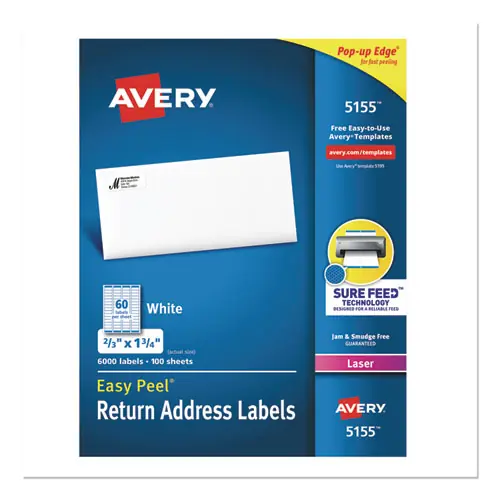 Avery® Easy Peel White Address Labels with Sure Feed Technology, 0.66 x 1.75 Inches, White, 60 Labels per Sheet, 100 Sheets Pack