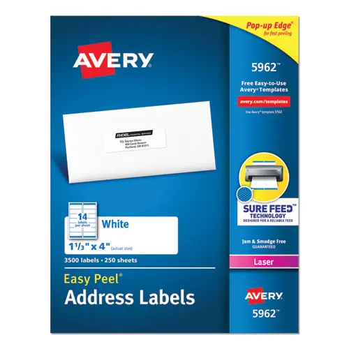Avery® Easy Peel White Address Labels w/ Sure Feed Technology, Laser Printers, 1.33 x 4, White, 14/Sheet, 250 Sheets/Box