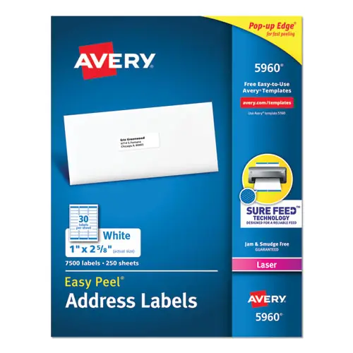 Avery® Easy Peel White Address Labels with Sure Feed Technology, 1 x 2.63, 30 Labels/Sheet, 250 Sheets, White