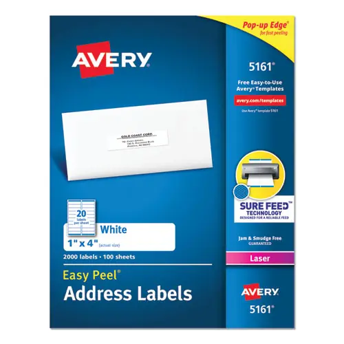 Avery® Easy Peel White Address Labels with Sure Feed Technology, 1 x 4, White, 20 Labels per Sheet, 100 Sheets per Box