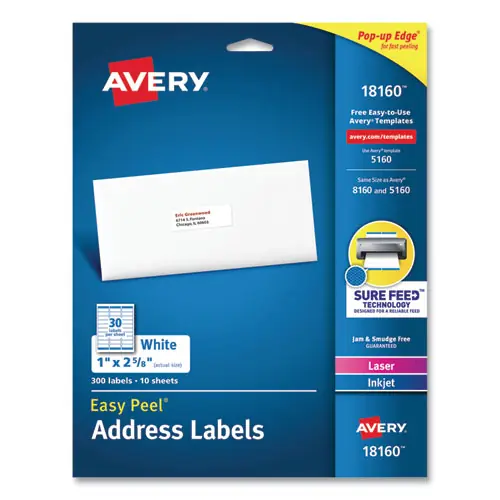 Avery® Easy Peel White Address Labels with Sure Feed Technology, Inkjet Printers, 1 x 2.63, White, 30/Sheet, 10 Sheets/Pack