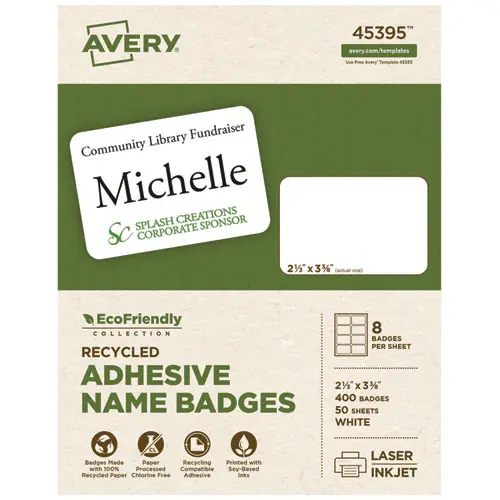 Avery® EcoFriendly Adhesive Name Badge Labels, White, 400/Box