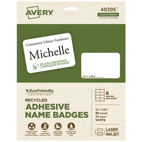 Avery® EcoFriendly Adhesive Name Badge Labels, White, 80/Pack