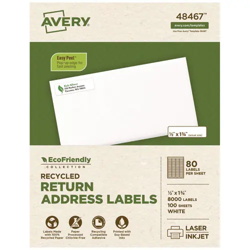 Avery® EcoFriendly Mailing Labels, Inkjet/Laser Printers, 0.5 x 1.75, White, 80/Sheet, 100 Sheets/Pack