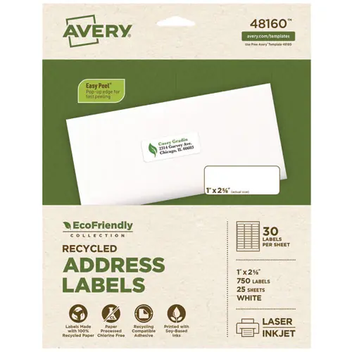 Avery® EcoFriendly Mailing Labels, Inkjet/Laser Printers, White, 30/Sheet, 25 Sheets/Pack