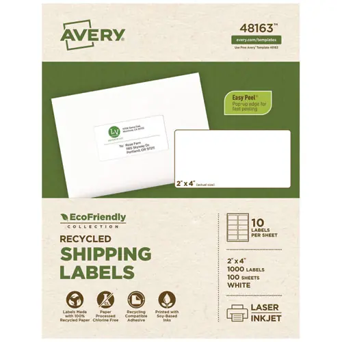 Avery® EcoFriendly Mailing Labels, Inkjet/Laser Printers, 2 x 4, White, 10/Sheet, 100 Sheets/Pack