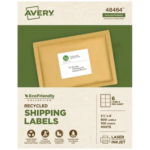 Avery® EcoFriendly Mailing Labels, Inkjet/Laser Printers, 3.33 x 4, White, 6/Sheet, 100 Sheets/Pack