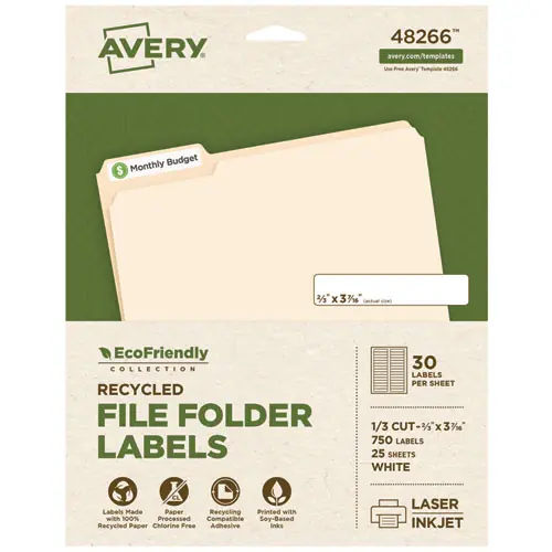 Avery® EcoFriendly Permanent File Folder Labels, White, 0.66 x 3.44, 30/Sheet, 25 Sheets/Pack