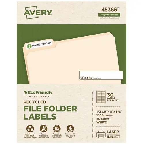 Avery® EcoFriendly Permanent File Folder Labels, White, 30/Sheet, 50 Sheets/Pack