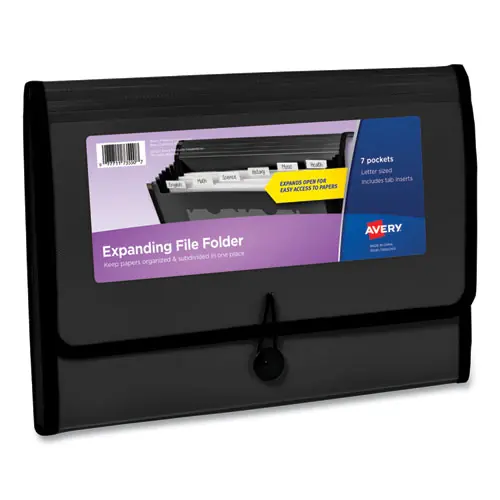 Avery® Expanding File Folder Organizer, 7 Sections, Hook/Loop Closure, Letter Size, Black