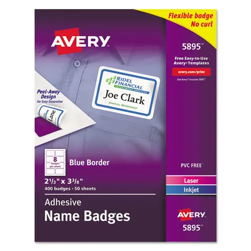 Avery® Flexible Adhesive Name Badge Labels, White/Blue Border, 400/Box