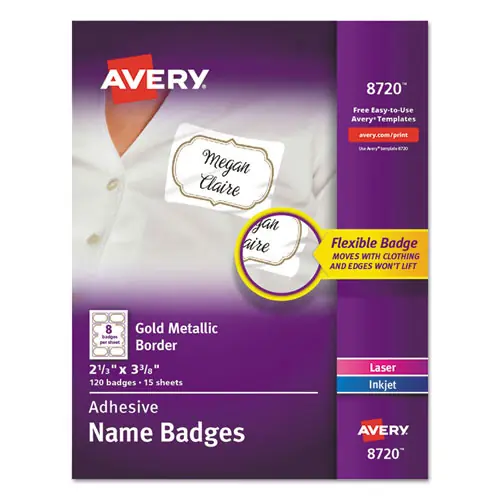 Avery® Flexible Adhesive Name Badge Labels, White/Gold Border, 120/Pack