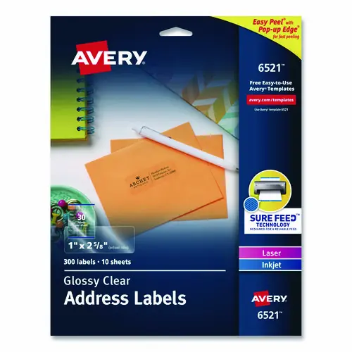 Avery® Glossy Clear Easy Peel Mailing Labels w/ Sure Feed Technology, Inkjet/Laser Printers, 1 x 2.63, 30/Sheet, 10 Sheets/Pack