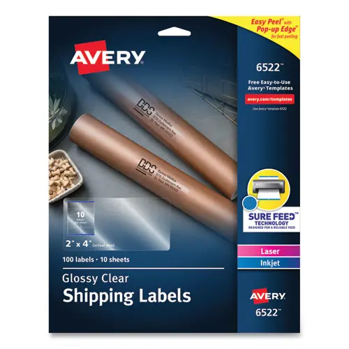 Avery® Glossy Clear Easy Peel Mailing Labels w/ Sure Feed Technology, Inkjet/Laser Printers, Clear, 2" x 4", 10 Labels/Sheet, 10 Sheets/Pack
