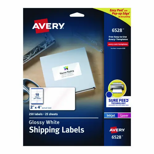 Avery® Glossy White Easy Peel Mailing Labels w/ Sure Feed Technology, Laser Printers, 2 x 4, White, 10/Sheet, 25 Sheets/Pack