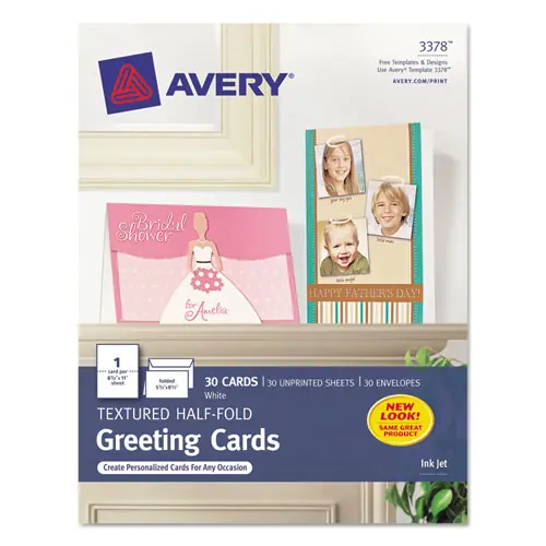 Avery® Half-Fold Greeting Cards with Envelopes, Inkjet, 65 lb, 5.5 x 8.5, Textured Uncoated White, 1 Card/Sheet, 30 Sheets/Box