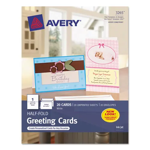 Avery® Half-Fold Greeting Cards with Matching Envelopes, Inkjet, Matte White, 85 lb, 5.5 x 8.5, 1 Card/Sheet, 20 Sheets/Box