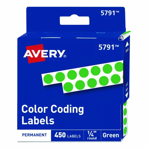 Avery® Handwrite-Only Permanent Self-Adhesive Round Color-Coding Labels, Green, 0.25" Diameter, 450 Labels/Roll (5791)