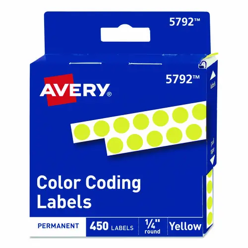 Avery® Handwrite-Only Permanent Self-Adhesive Round Color-Coding Labels, Yellow, 0.25" Diameter, 450 Labels/Roll, 5792