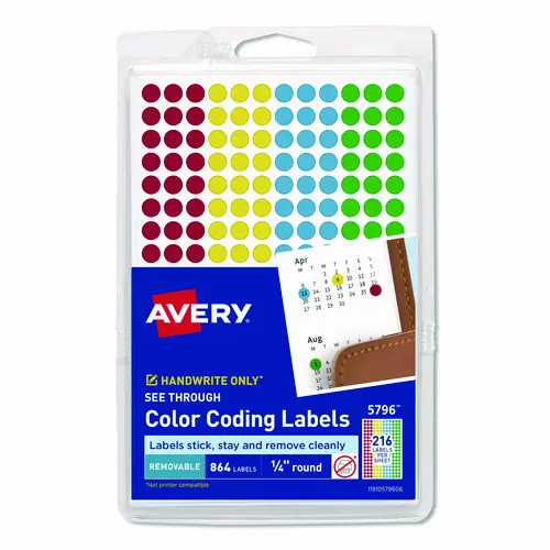 Avery® Handwrite-Only Self-Adhesive "See Through" Removable Round Color Dots, Assorted Colors, 216 Labels/Sheet, 4 Sheets/Pack, 0.25" Diameter, (5796)